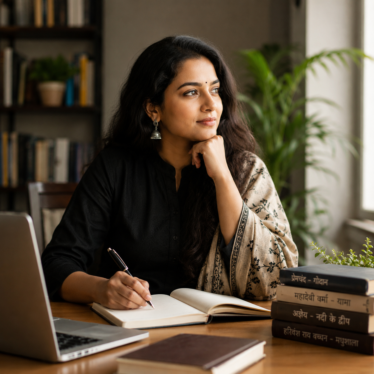Author reading a book